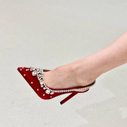 New Summer Fairy-style Rhinestone Sandals, Pointed Toe, Stiletto Heels, Satin High Heels, Exquisite Crystal Wedding Shoes, Open