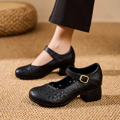 DIMANYU Women Floral Hollow Mary Jane Shoes Genuine Leather Mid Heel Summer Comfort Mother Shoes Ladies Dress Sandals