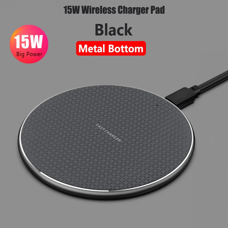 15W Wireless Charger Fast Charging Pad for Samsung S20 S10 Note 20 10+ S9 iPhone 11 12 Pro Xs Max X 8 Metal Wireless Charge Dock