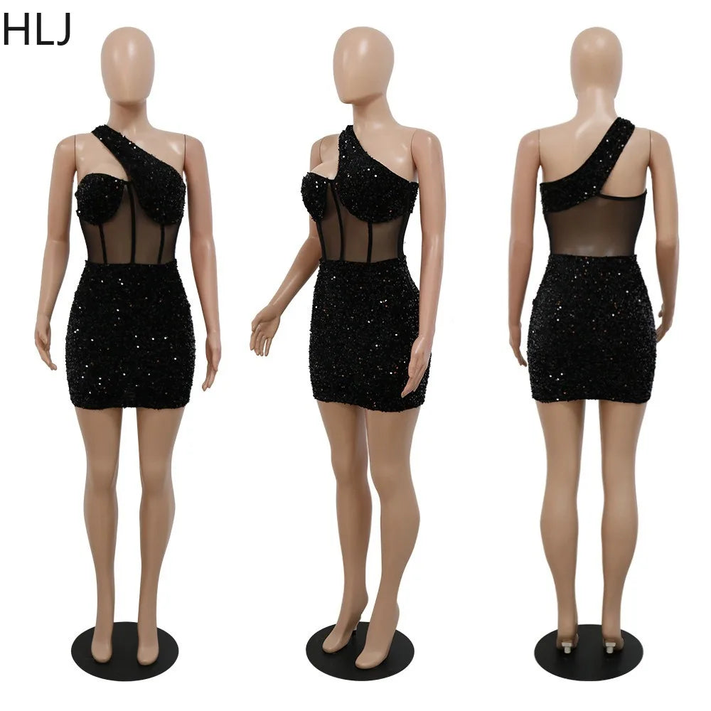 HLJ Fashion Sequin Splicing Hollow One Shoulder Party Club Mini Dresses Women Sleeveless Backless Slim Vestidos Sexy Clothing