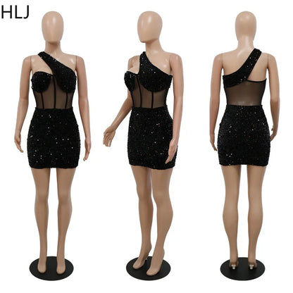 HLJ Fashion Sequin Splicing Hollow One Shoulder Party Club Mini Dresses Women Sleeveless Backless Slim Vestidos Sexy Clothing