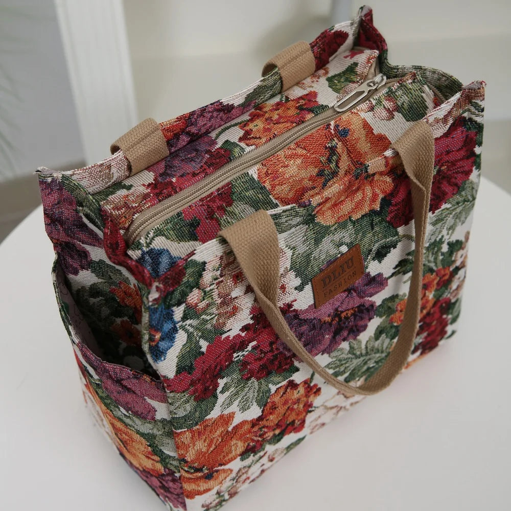 New Thickened Knitted Tote Bag, Floral Pattern Retro Large Capacity Handbag for Work  tote bag Shopping Daily Use School Commute
