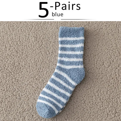 5 Pairs Thick Mens Thermal Socks Winter Warm Striped Coral Fleece Fluffy Solid Color Sleep Male Bed Socks Calcetines Hot Sell