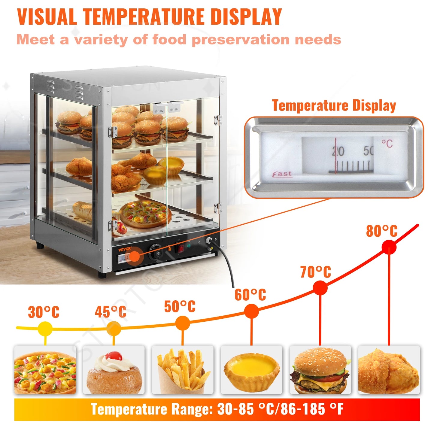 2/3 Tiers Countertop Food Warmer Commercial 3D Heating Pizza Pastry Warmer with Temp Knob Display Kitchen Appliance