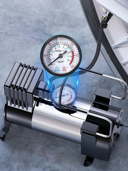 12V Car Tire Pump with Pressure Gauge Heavy Duty Tire Inflator Heavy Duty Deluxe Portable Metal Air Compressor Car Tyre Inflator