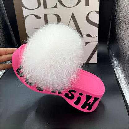 Real Fox Fur Slippers for Woman Luxury 2025 Slippers Summer Woman Sandals Thick Sole Pink Fur Slippers Fluffy Slides for Woman