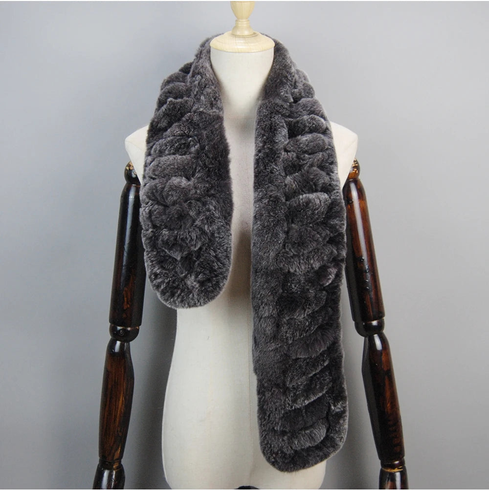 Winter Women Knitted Real Rex Rabbit Fur Scarf Natural Soft Long Style Rex Rabbit Fur Muffler Lady Warm 100% Genuine Fur Scarves
