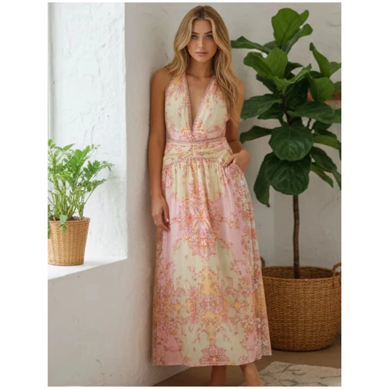 Vintage Floral Halter Deep V Neck Women's Dress Sexy Side Waist Cutout Flowy Long Sundress Summer New Chic Vacation Party Outfit