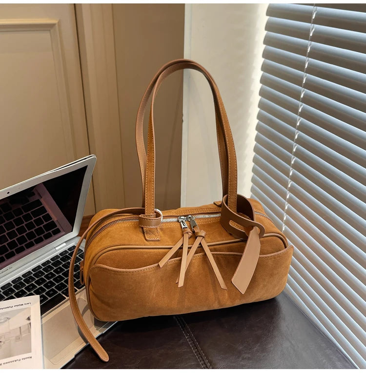 Retro Red Suede Wedding Shoulder Bag Luxury Designer Women Versatile Underarm Bags Elegant Female Large Capacity Handbags