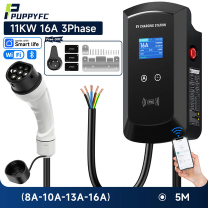Puppyfc EV Charger 32A 7.6KW Electric Vehicle Car Charger EVSE Wallbox 11KW 22KW 3Phase Type2 5m IEC62196-2 Socket APP Control