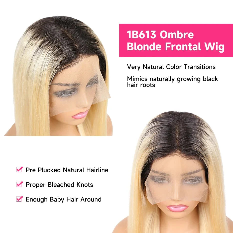 1B 613 Blonde Ombre Human Hair Wigs 13x6 Lace Front Wig Pre Plucked HD Transparent Lace Blond Black Roots Straight 180% Density