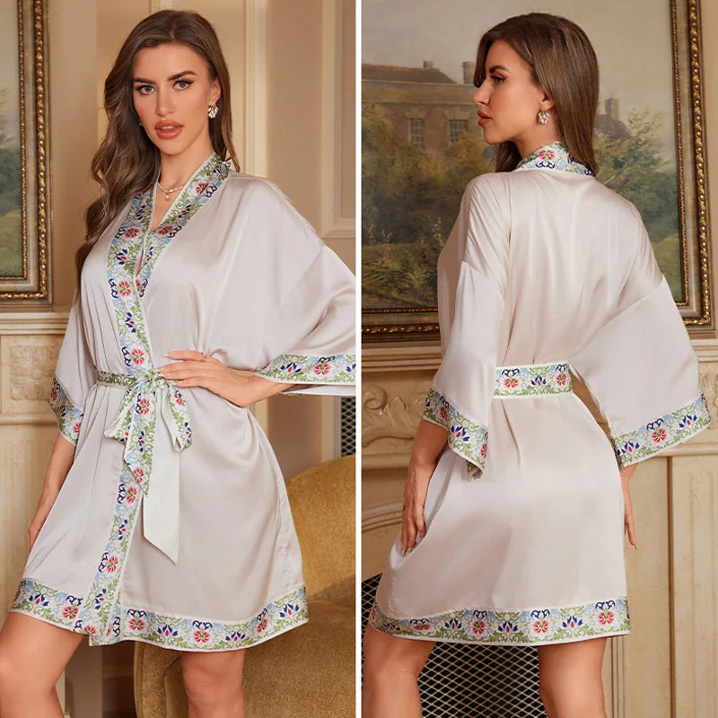 Navy Blue Print Flower Robe Nightgown Silk Satin Female Sleepwear Nightdress Spring Summer Loose Kimono Bathrobe Gown Home Wear