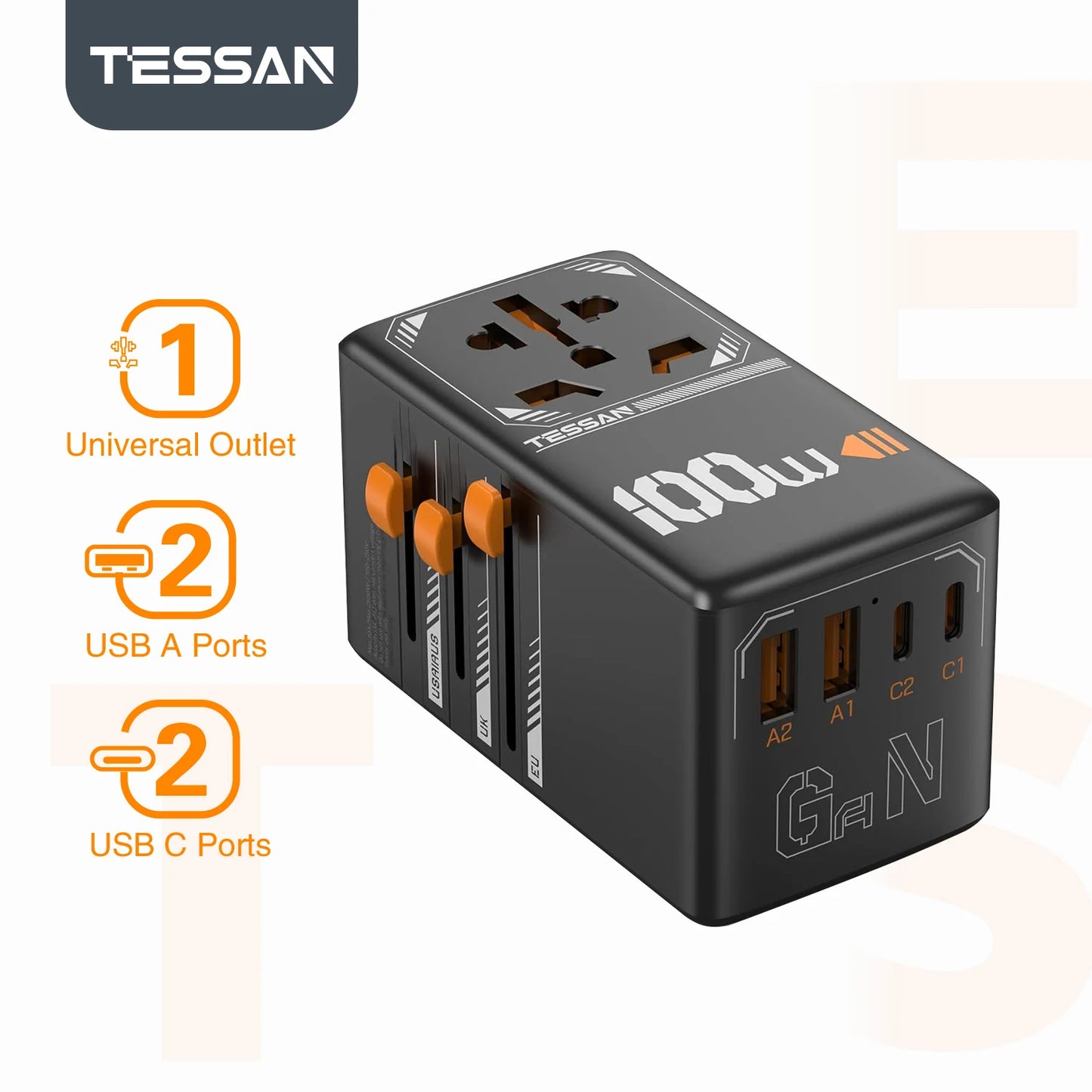 TESSAN International Plug Adaptor GaN Travel Adapter with Universal Outlet 1 USB A 3 Type C Fast Charger for EU/UK/USA/AUS