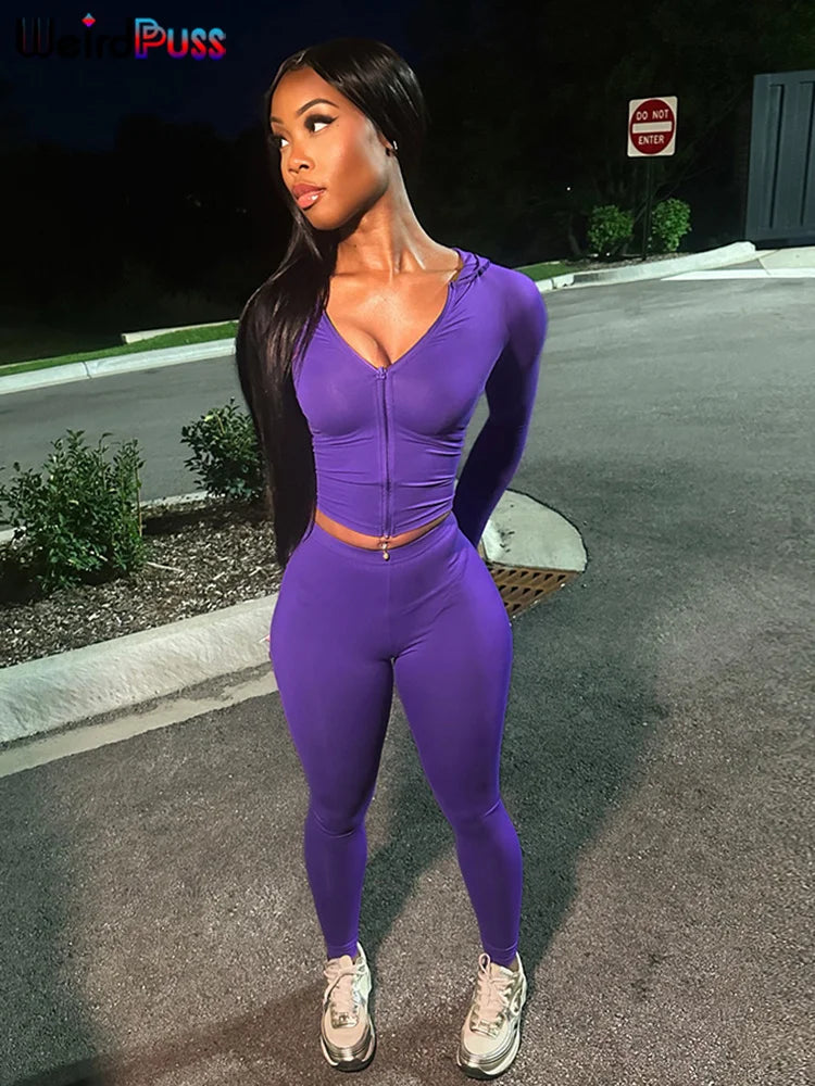 Weird Puss Sporty Casual 2 Piece Set Women Tracksuit Hooded Zip Crop Tops+Leggings Fitness Soft Stretch Streetwear Activity Suit