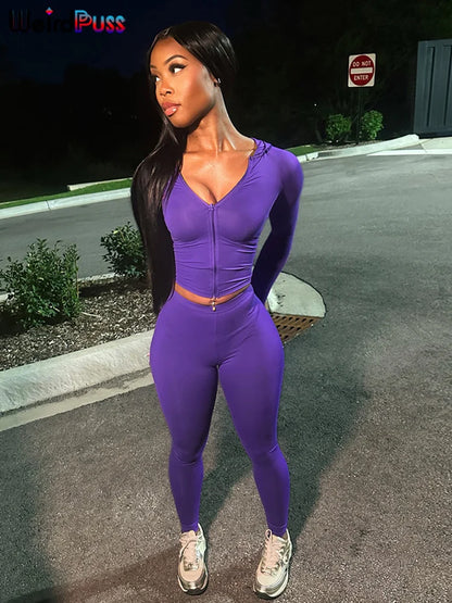 Weird Puss Sporty Casual 2 Piece Set Women Tracksuit Hooded Zip Crop Tops+Leggings Fitness Soft Stretch Streetwear Activity Suit