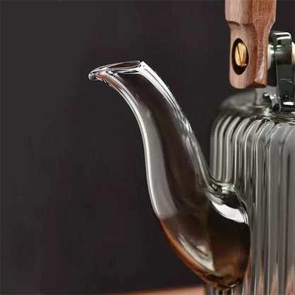 Large Capacity 1200ml Vertical Stripe Pattern Glass Tea Pot Kungfu Tea Set Wooden Beam Tea Kettle Brewing Puer Teapot Teaware
