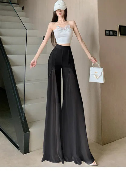 White mesh fishtail flared pants women summer thin design high waist hanging feeling elegant chiffon wide leg casual pants