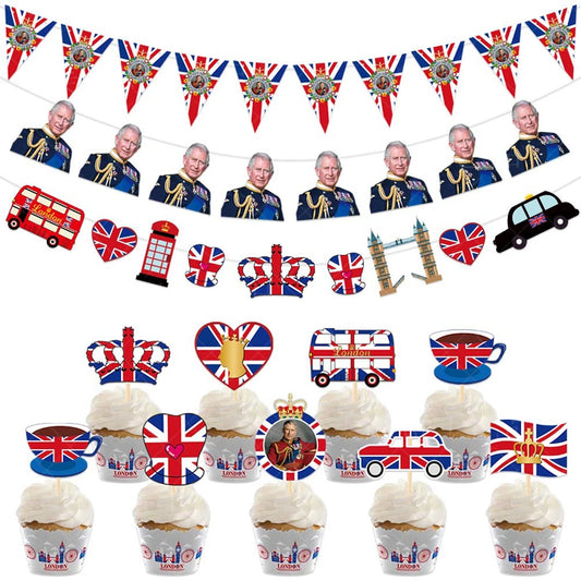 10ft King Charles III Coronation Union Jack Crowns Bunting Banner Set Vibrant Colors British banners for Party Hanging Decoratio