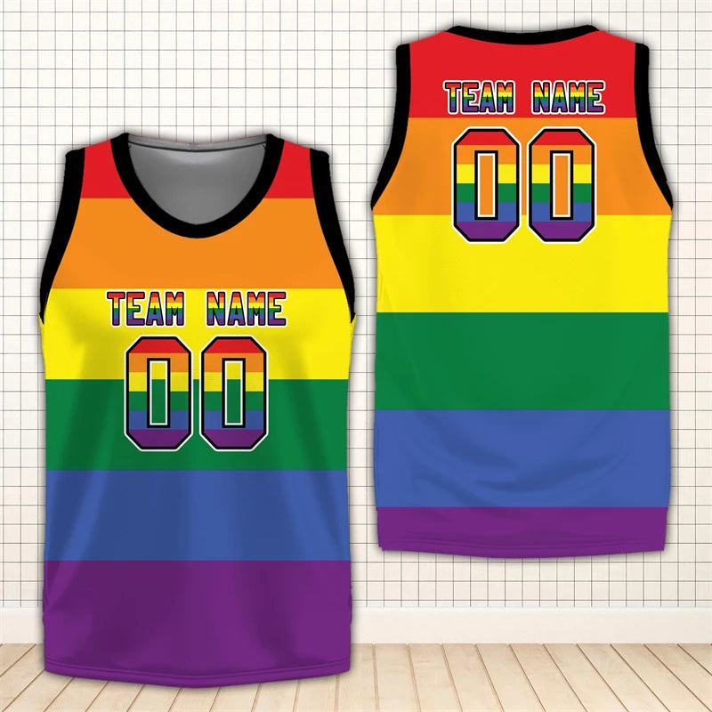 Rainbow LGBT Pride Basketball Jersey Custom Name Team Name Number 3D Printed Crew Neck Tank Tops Loose Quick Dry Sports Vest