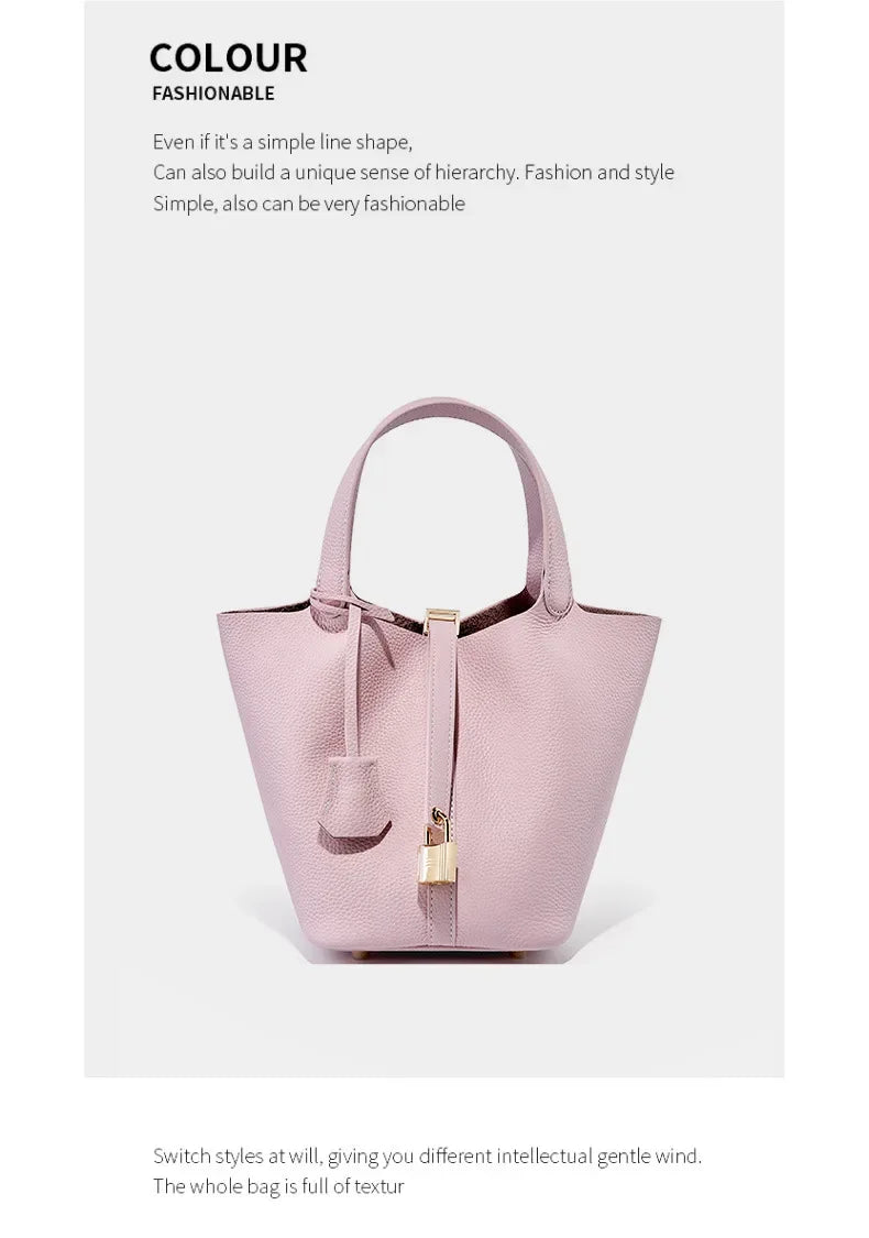 Genuine Leather Shoulder Bucket Bag Women Litchi Pattern Mini Basket Tote Soft Handbag Mommy Bride Wedding Bags with Lock