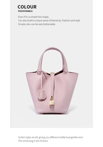 Genuine Leather Shoulder Bucket Bag Women Litchi Pattern Mini Basket Tote Soft Handbag Mommy Bride Wedding Bags with Lock