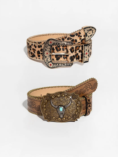 1ps Vintage Carved Gemstone Buckle, Leopard Floral Embossed Pearl Edge Waist Belt For Ladies Daily Wear