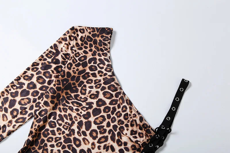 FAGADOER Spring New Sexy Leopard Print Dresses Woman Off-shoulder Backless Bandage Patchwork Dress Female Streetwear Vestidos