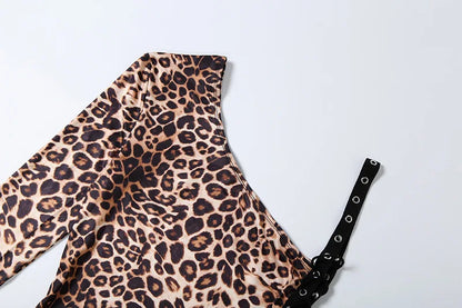 FAGADOER Spring New Sexy Leopard Print Dresses Woman Off-shoulder Backless Bandage Patchwork Dress Female Streetwear Vestidos