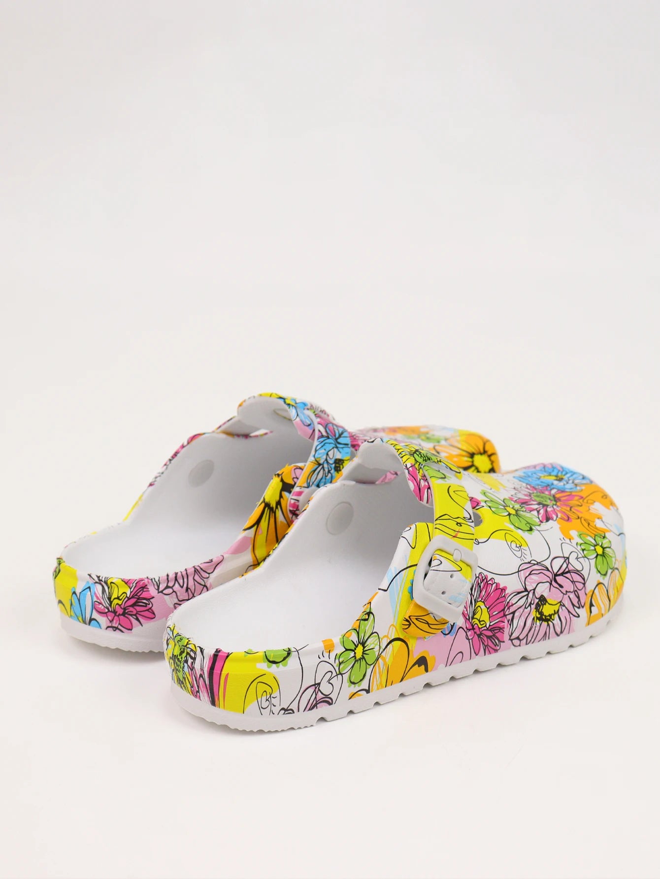 Women's Fashion Floral Print Clogs, Eva Summer Non-Slip Work Shoes, Lightweight Flat Soft Sole Adjustable Buckle Closed Toe Suitable for Beach Garden Autumn