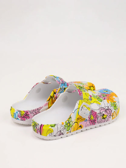 Women's Fashion Floral Print Clogs, Eva Summer Non-Slip Work Shoes, Lightweight Flat Soft Sole Adjustable Buckle Closed Toe Suitable for Beach Garden Autumn