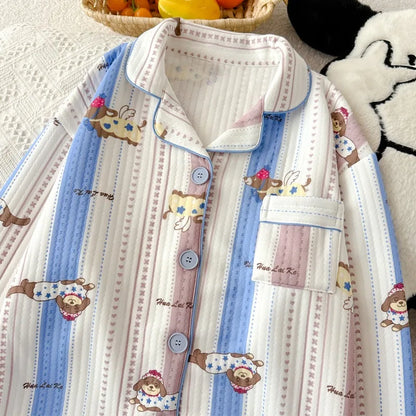 Striped Dog Print Korean Casual Loungewear for Women Sweet Cute Lapel Neck Women's Pajamas Set Autumn Winter New 2 PCS Sleepwear