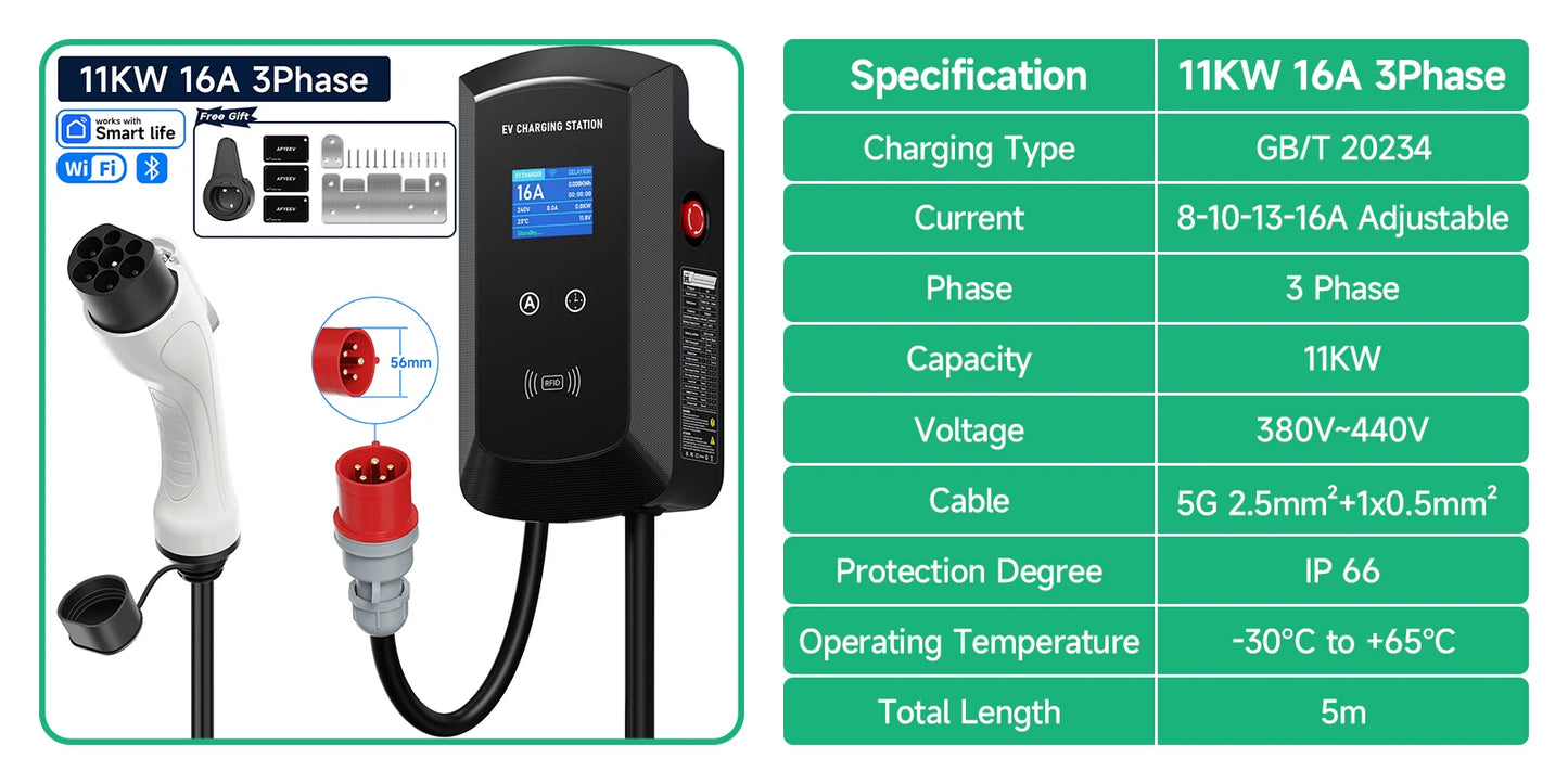 Puppyfc 7.6KW/11KW/22KW 3Phase EV Charging Station GBT 20234 Electric Car Charger EVSE Wallbox WiFi Bluetooth APP Remote Control