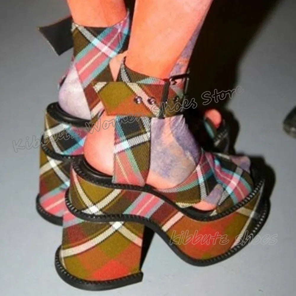 Belt Buckle Sandals Platform Patchwork Mixed Color Round Toe Chunky Heels Summer Fashion Luxury Elegant Sexy Women Shoes Newest