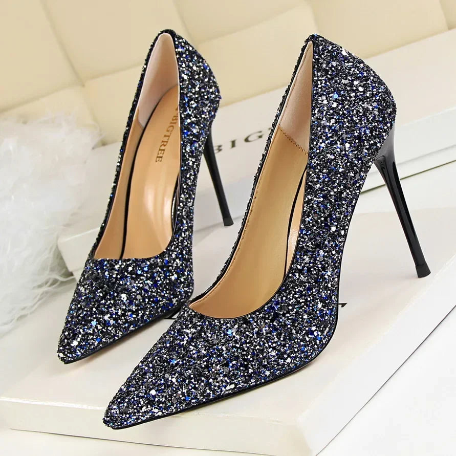 Women Luxury Bling Red  Blue Valentine Party Scarpins Pumps Lady Glitter Sequins 7cm 9.5cm High Heels Designer Shoes Plus Size