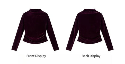 VIMLY Women's Red Velvet T-shirt Casual Knitted Slim Fit Tops Winter 2026 Vintage Mock Neck Folds Long Sleeve Ladies Tees A3305
