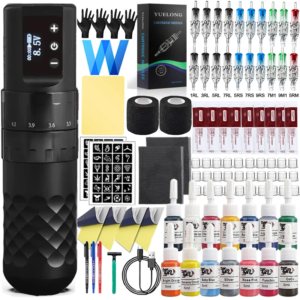 Complete Wireless Tattoo Pen Kit 7 Strokes Adjustable Tattoo Machine with Transfer Printer Ink Set Permanent Makeup Tattoo Kit