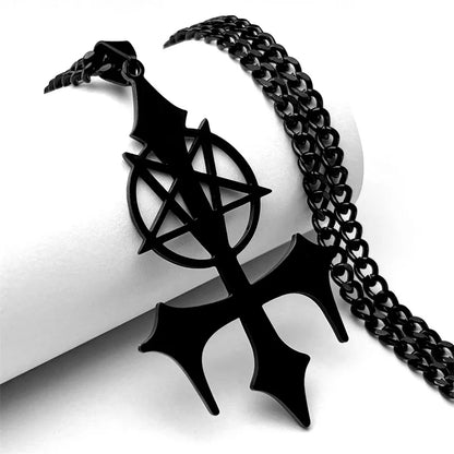 Goth Pentagram Sigil Satan Cross Necklace for Men Stainless Steel Black Y2k Gothic Star Lucifer Jewelry Halloween Gift N3002