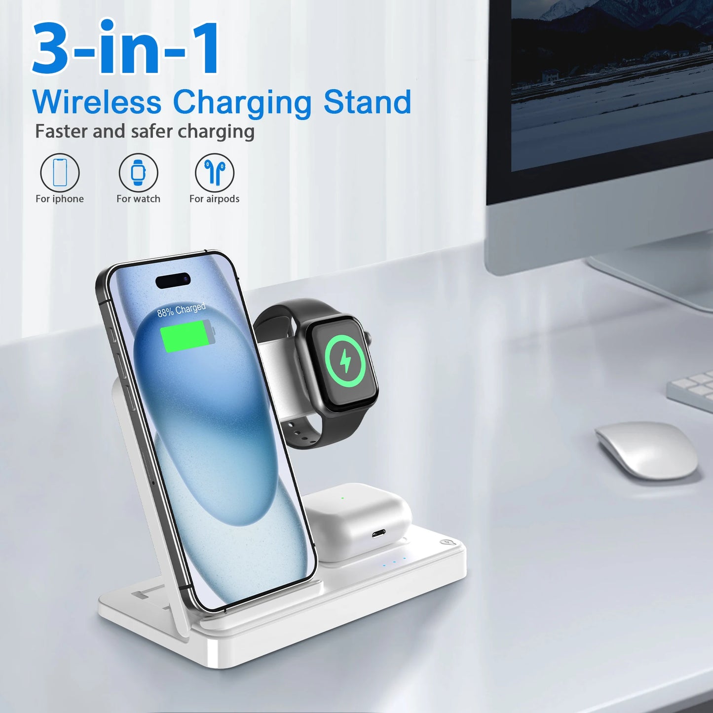 3 In 1 Magnetic Wireless Charger Stand 15W Fast Charging Dock Station Multiple Devices for iPhone 15 14 13 8 Apple Watch Airpods