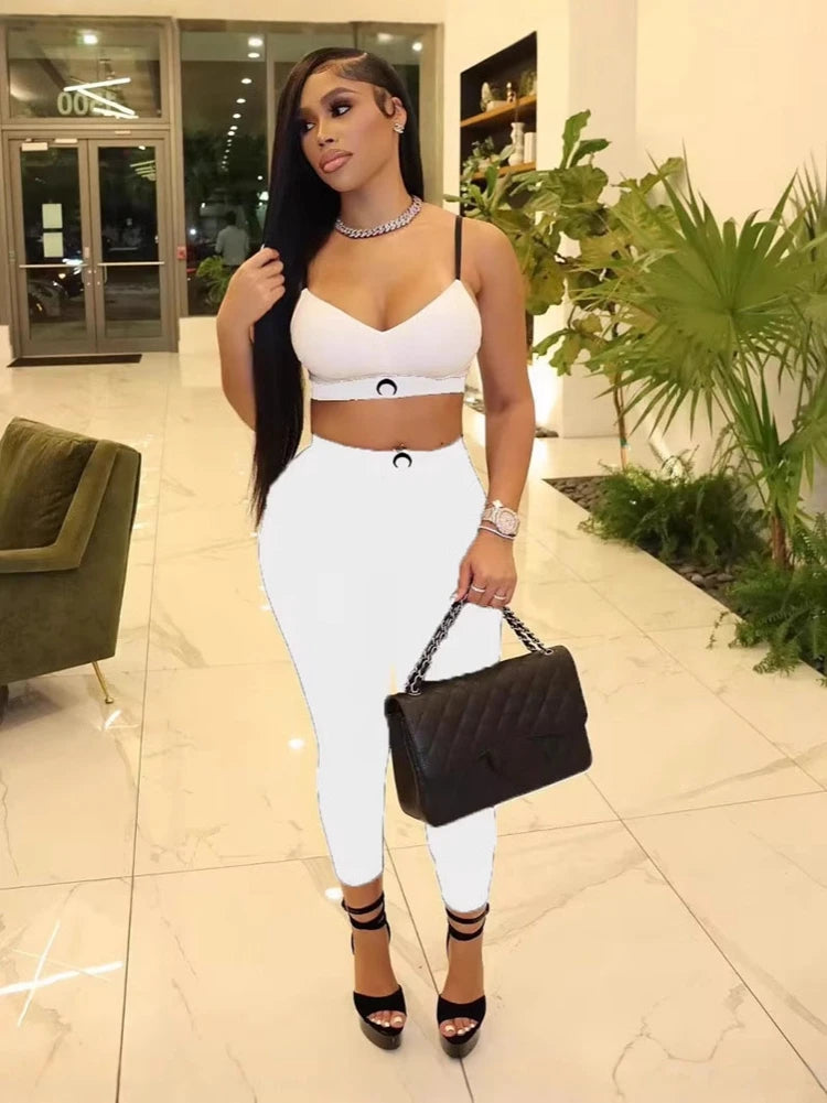 Black Tank Top Set Women Two Piece Pants Moon Print Ins High Street Summer Sexy Slim Fit Versatile Outerwear