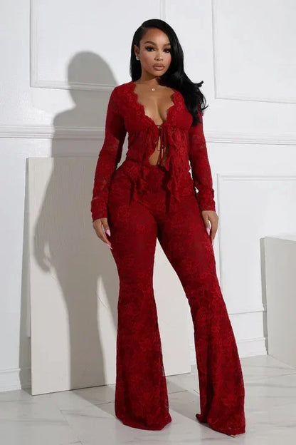 2025 Women's Set Long Sleeve Lace See Through Shirt + Long Pants Street Evening Sexy Two 2Piece Sets Outfits Tracksuit