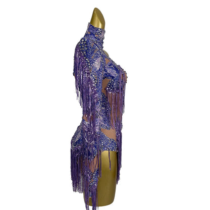 Sparkly Sequins Tassel One Shoulder Tight Bodysuit Women Dance Leotard Outfit Nightclub Bar Performance Costume Stage Wear Duxiu