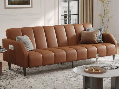 Faux Leather Couch, Convertible Futon Sofa Bed with Adjustable Backrest, Mid Century Leather Sofa Loveseat , Customized