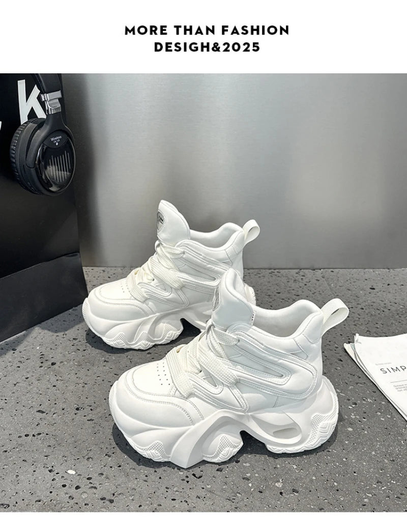 Chunky Platform Hidden Height Increasing Sneakers Casual Lace Up Shoes In White And Grey With Hollow Out Design For Streetwear