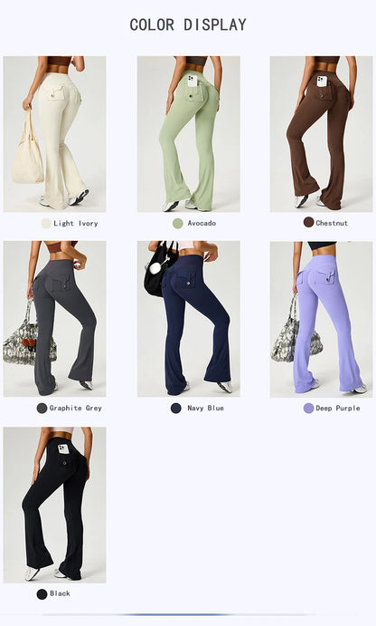 Women's Flared Pants Yoga Leggings Bell-bottoms Tight Elastic Breathable Sports Pants Back Waist Pockets Womens Clothing