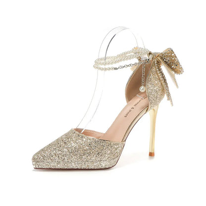 Shiny Glitter Bow Pearl Chain High Heels Wedding Banquet Dress Wedding Shoes Women's Shoes