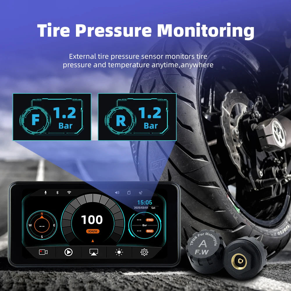 EKIY 6.25" Wireless CarPlay Moto Android Auto Portable Digital Dashboard GPS Motorcycle Navigation Display Screen TPMS Monitor
