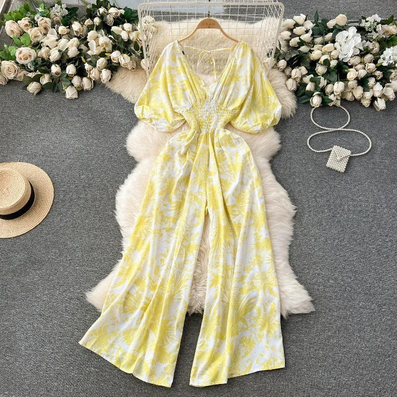 Women's Print Jumpsuit Casual V-neck Bubble Sleeve Backless Lace-Up Slimming Summer Beach Vacation Loose Wide Leg Jumpsuit