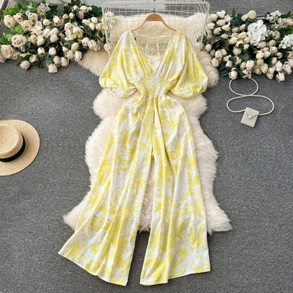 Women's Print Jumpsuit Casual V-neck Bubble Sleeve Backless Lace-Up Slimming Summer Beach Vacation Loose Wide Leg Jumpsuit