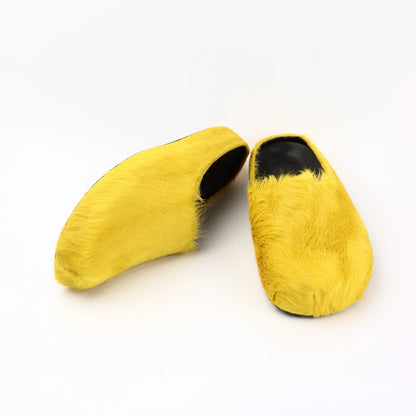 2026 Horsehair Italy Real Leather Slides fur Slippers Women Mule Runway Flats Thick Sole Leisure Luxury Designer Shoes