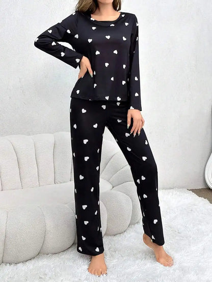 Women's Pajamas Casual Love Print Round Neck Long Sleeve Long Pants Fall and Winter Comfortable Set Girl Sleepwear Homewear